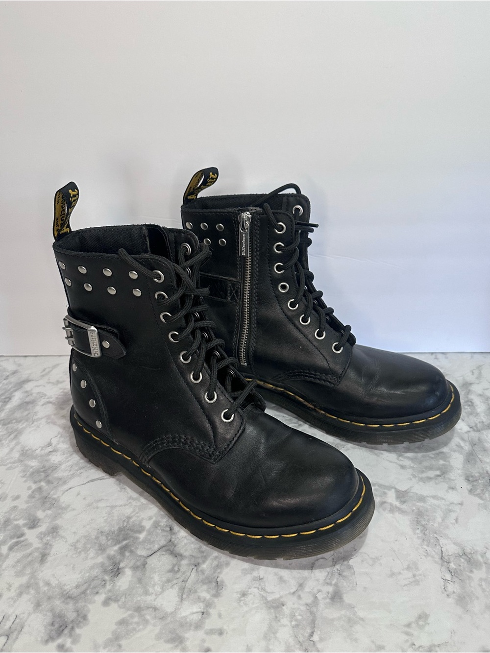 Dr. Martens Black Leather Studded Buckle Combat Boots Women’s 8